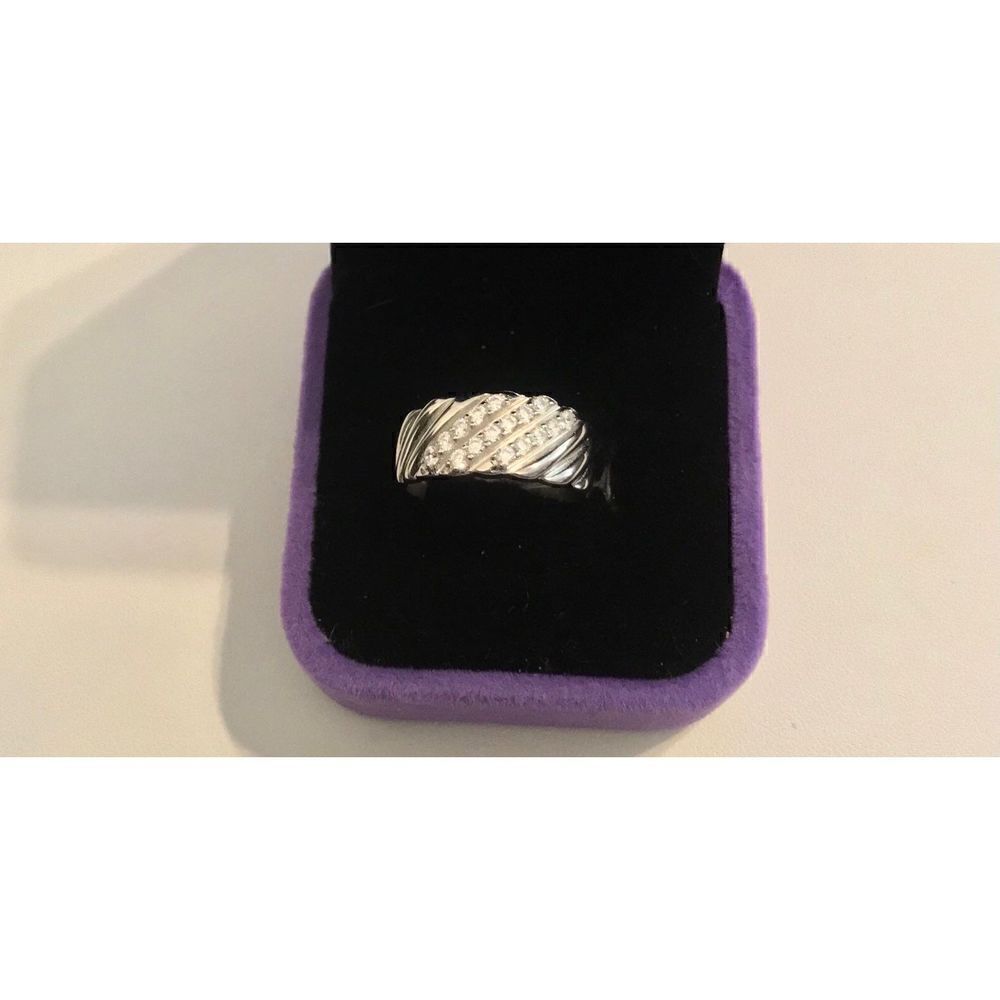 Pretty .925 Sterling Ridged Triple Diagonal Sim Diamond Band Ring Sz 8